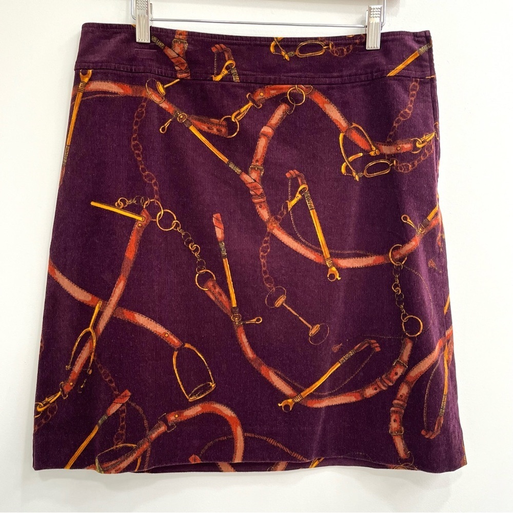 TALBOTS CORDUROY A-LINE SKIRT EQUESTRIAN PRINT SKIRT MAROON BURGUNDY BROWN 10